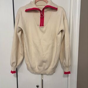 Commense Cream Pullover Sweater with Pink Zip Trim